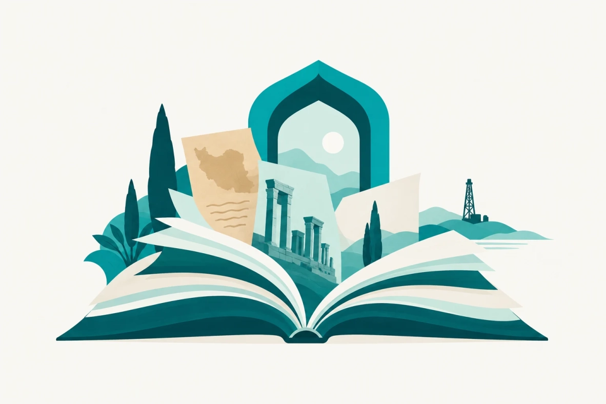 کتاب باز با برگه‌های آرشیوی، نقشه ایران، طاق و نماد دوردست صنعت نفت