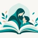 بزرگسال و کودکی در حال خواندن یک کتاب باز، میان برگ‌های فیروزه‌ای